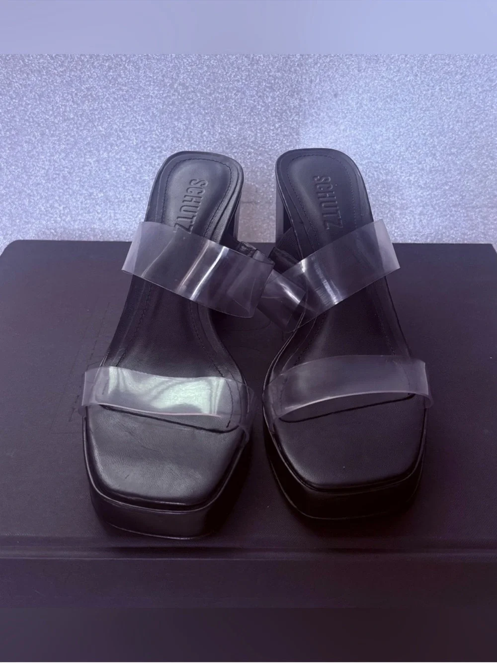 SCHUTZ Black Platform Mules with Clear Straps